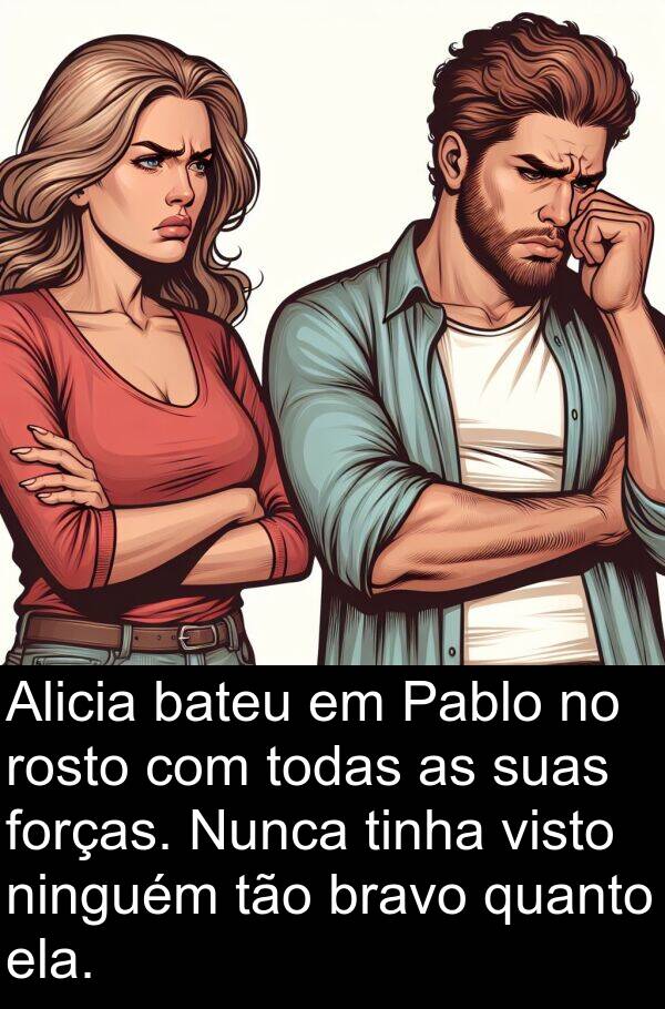 bateu: Alicia bateu em Pablo no rosto com todas as suas forças. Nunca tinha visto ninguém tão bravo quanto ela.