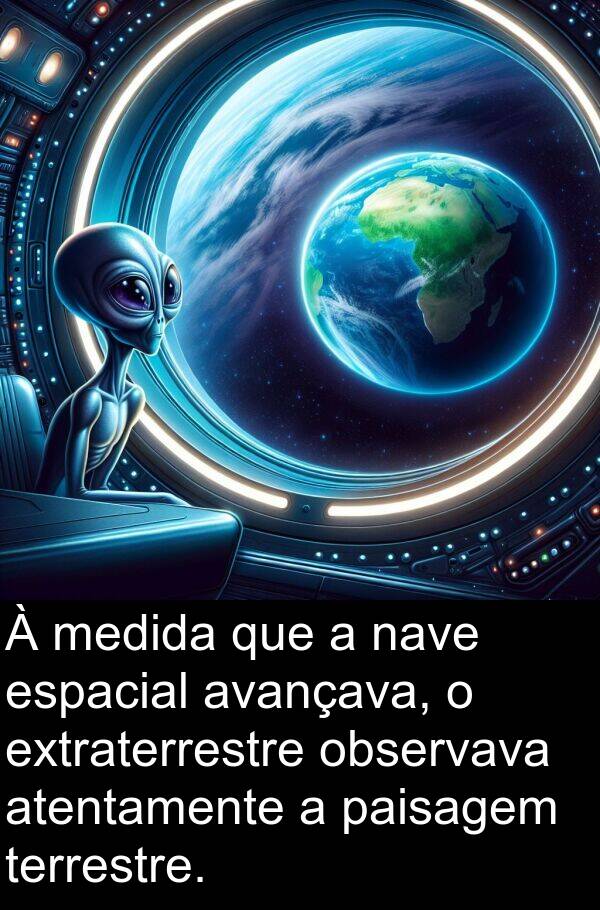 terrestre: À medida que a nave espacial avançava, o extraterrestre observava atentamente a paisagem terrestre.