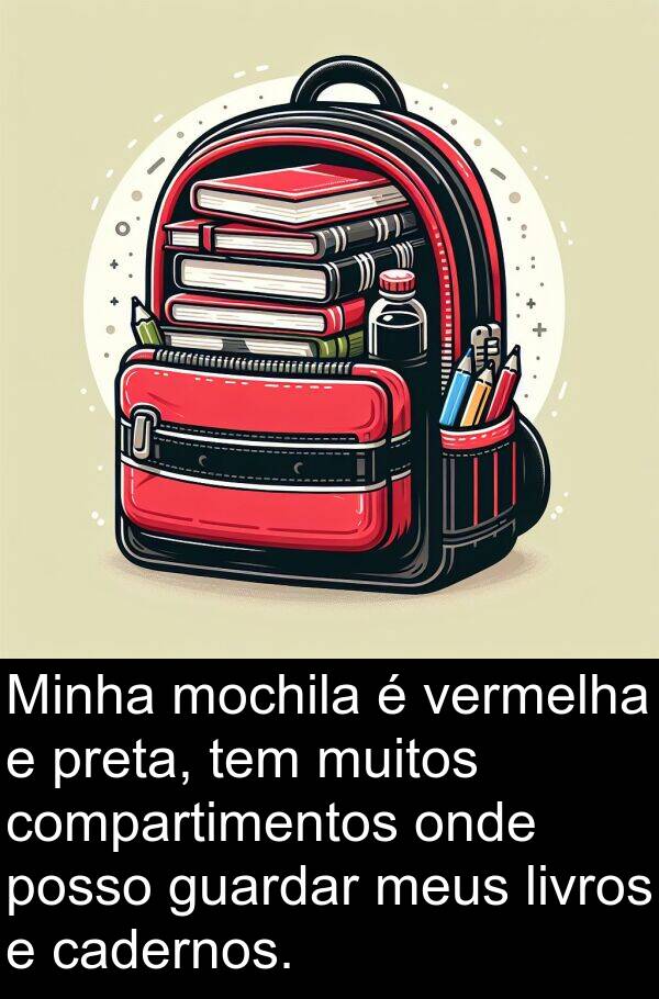 vermelha: Minha mochila é vermelha e preta, tem muitos compartimentos onde posso guardar meus livros e cadernos.