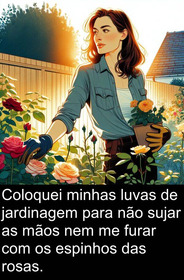 mãos: Coloquei minhas luvas de jardinagem para não sujar as mãos nem me furar com os espinhos das rosas.