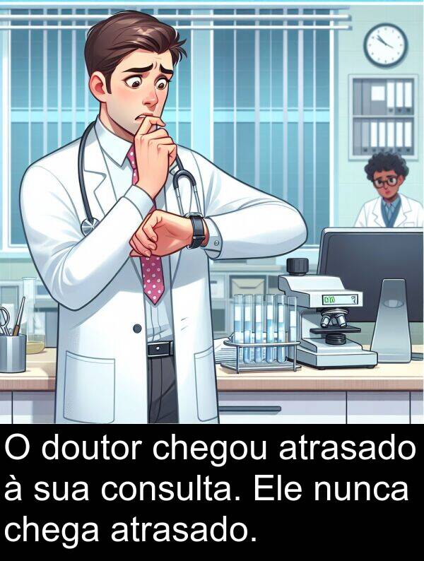 nunca: O doutor chegou atrasado à sua consulta. Ele nunca chega atrasado.