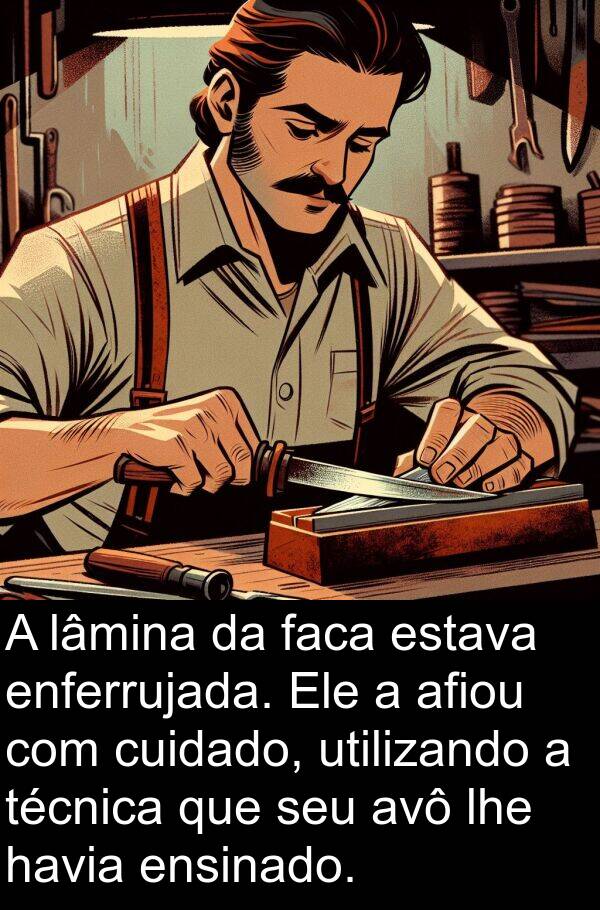 lâmina: A lâmina da faca estava enferrujada. Ele a afiou com cuidado, utilizando a técnica que seu avô lhe havia ensinado.