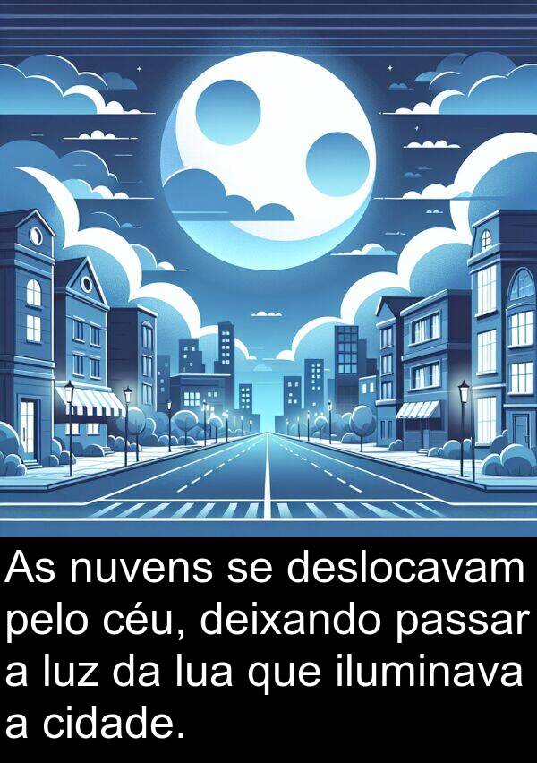 deixando: As nuvens se deslocavam pelo céu, deixando passar a luz da lua que iluminava a cidade.