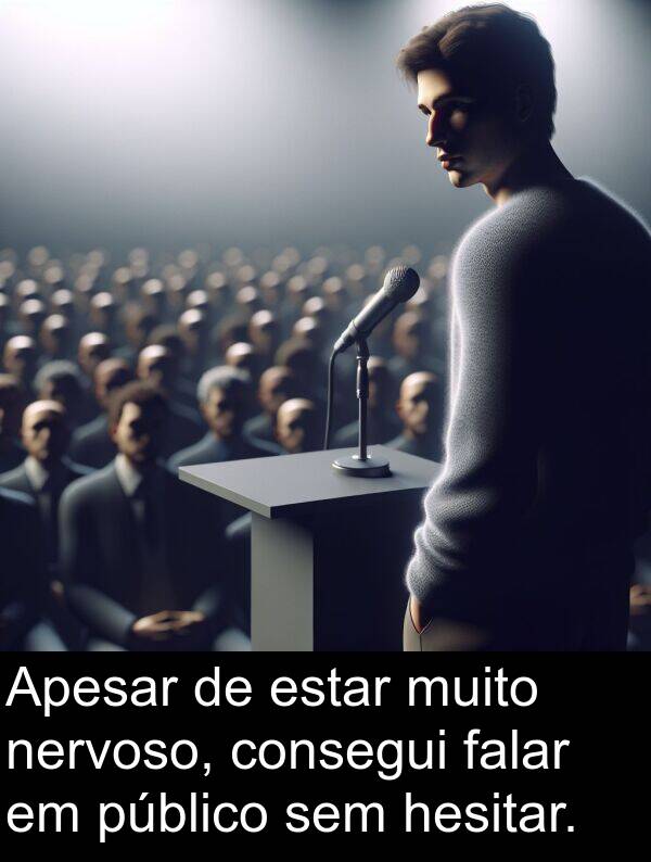 hesitar: Apesar de estar muito nervoso, consegui falar em público sem hesitar.