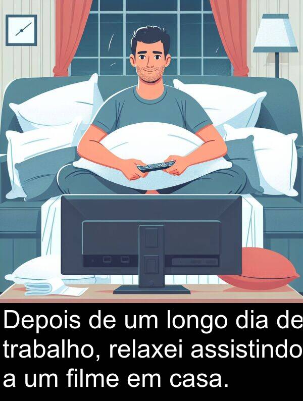 assistindo: Depois de um longo dia de trabalho, relaxei assistindo a um filme em casa.