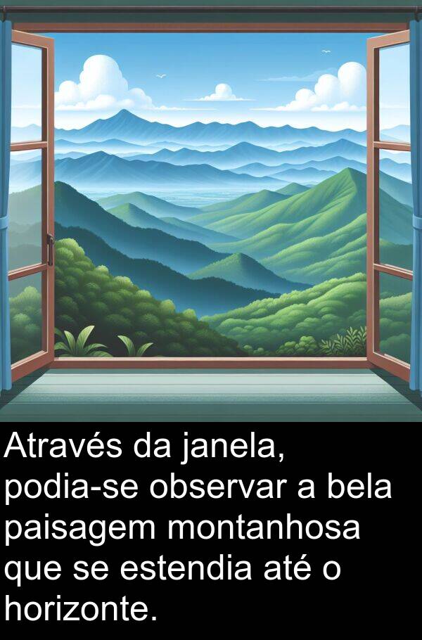 bela: Através da janela, podia-se observar a bela paisagem montanhosa que se estendia até o horizonte.