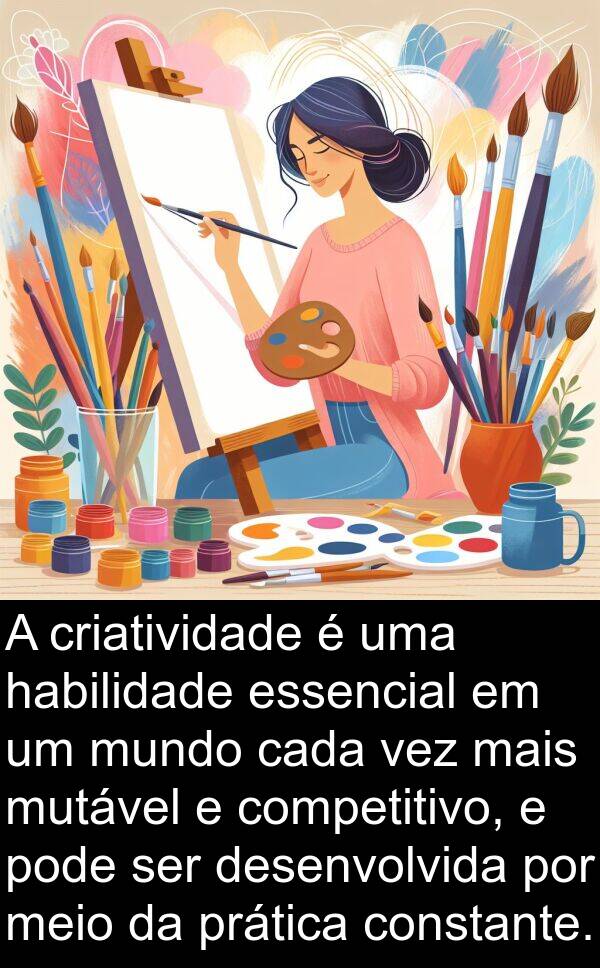 mutável: A criatividade é uma habilidade essencial em um mundo cada vez mais mutável e competitivo, e pode ser desenvolvida por meio da prática constante.