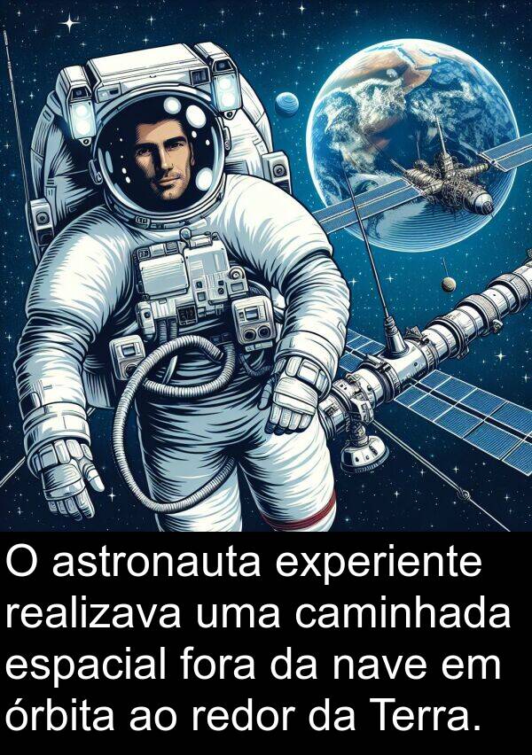 nave: O astronauta experiente realizava uma caminhada espacial fora da nave em órbita ao redor da Terra.