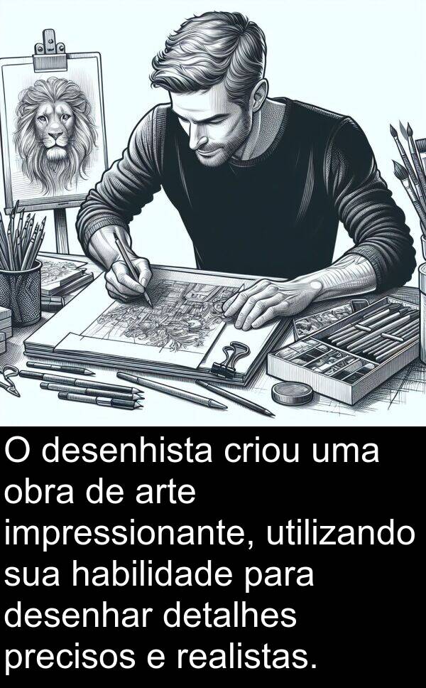 desenhar: O desenhista criou uma obra de arte impressionante, utilizando sua habilidade para desenhar detalhes precisos e realistas.