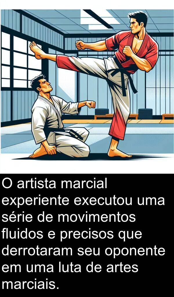 oponente: O artista marcial experiente executou uma série de movimentos fluidos e precisos que derrotaram seu oponente em uma luta de artes marciais.