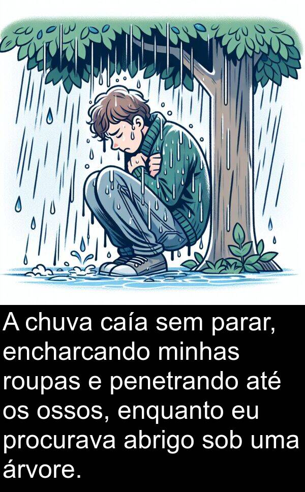 abrigo: A chuva caía sem parar, encharcando minhas roupas e penetrando até os ossos, enquanto eu procurava abrigo sob uma árvore.