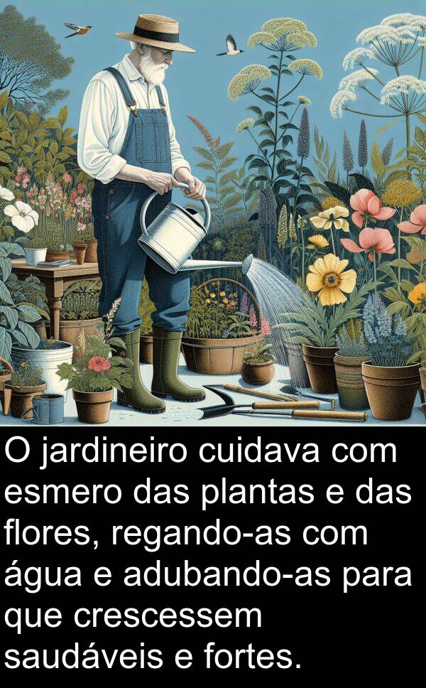 fortes: O jardineiro cuidava com esmero das plantas e das flores, regando-as com água e adubando-as para que crescessem saudáveis e fortes.