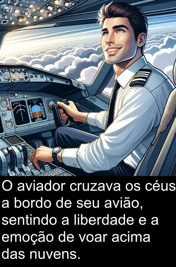 acima: O aviador cruzava os céus a bordo de seu avião, sentindo a liberdade e a emoção de voar acima das nuvens.