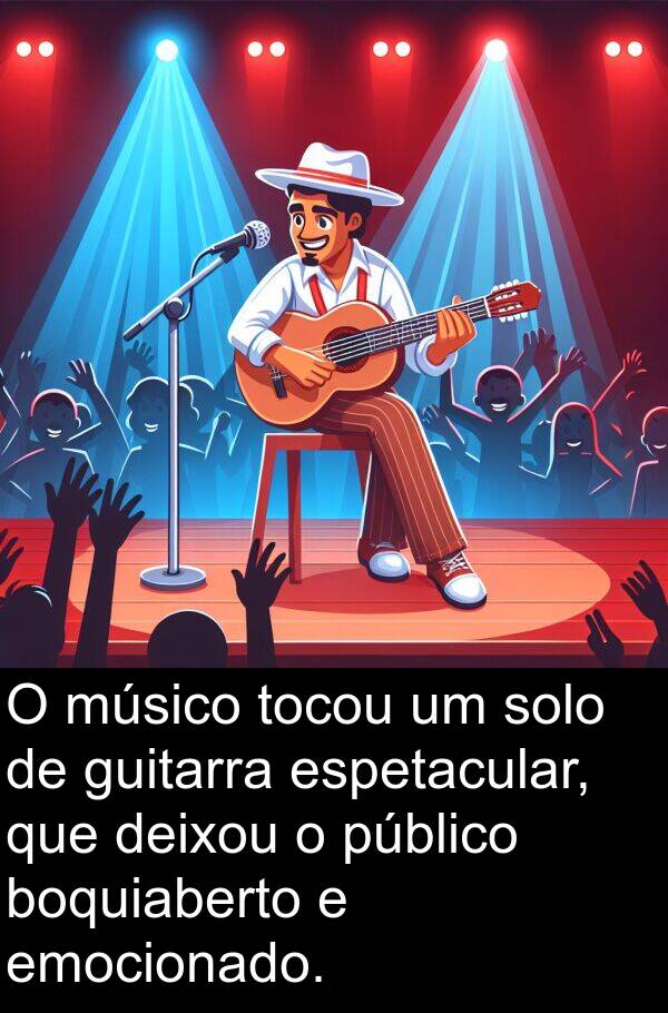 emocionado: O músico tocou um solo de guitarra espetacular, que deixou o público boquiaberto e emocionado.