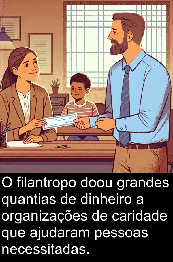 organizações: O filantropo doou grandes quantias de dinheiro a organizações de caridade que ajudaram pessoas necessitadas.