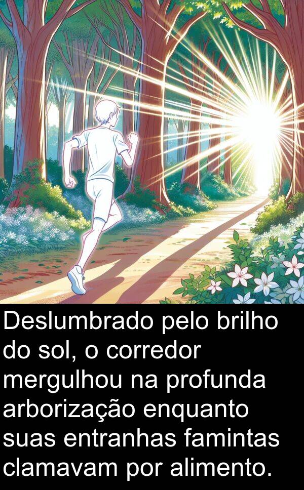 famintas: Deslumbrado pelo brilho do sol, o corredor mergulhou na profunda arborização enquanto suas entranhas famintas clamavam por alimento.