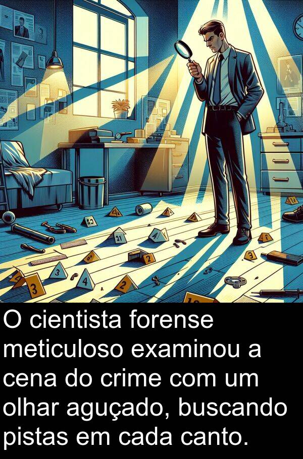 cada: O cientista forense meticuloso examinou a cena do crime com um olhar aguçado, buscando pistas em cada canto.