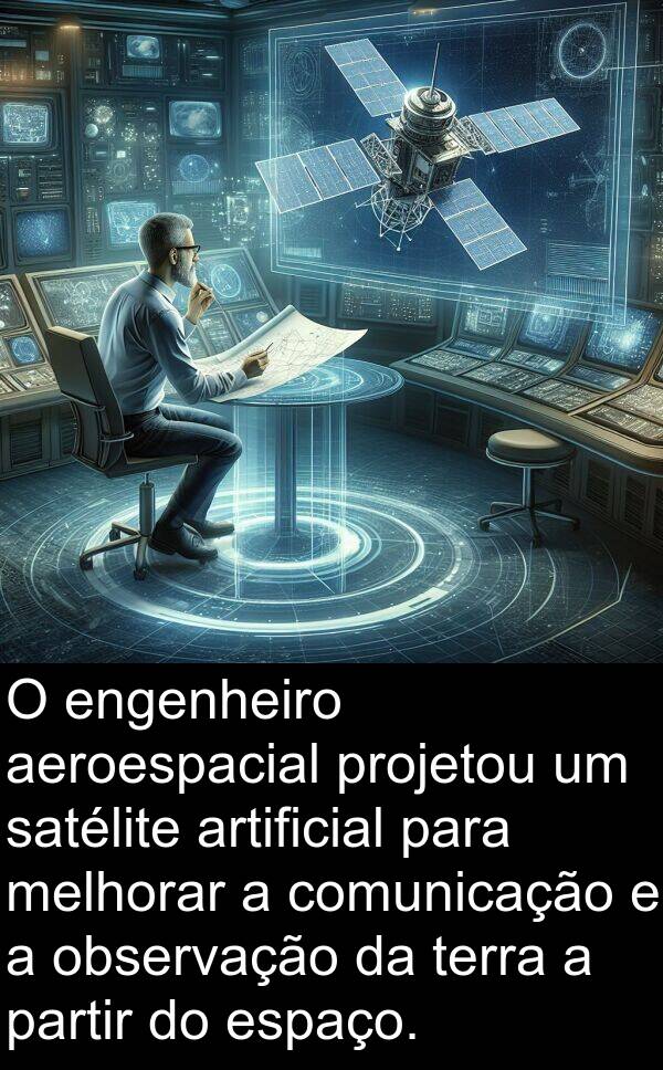 observação: O engenheiro aeroespacial projetou um satélite artificial para melhorar a comunicação e a observação da terra a partir do espaço.