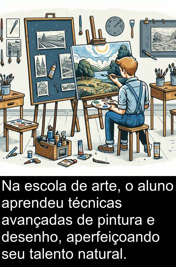 natural: Na escola de arte, o aluno aprendeu técnicas avançadas de pintura e desenho, aperfeiçoando seu talento natural.