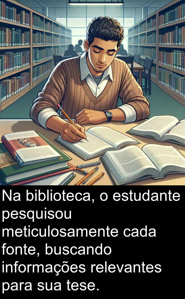 tese: Na biblioteca, o estudante pesquisou meticulosamente cada fonte, buscando informações relevantes para sua tese.