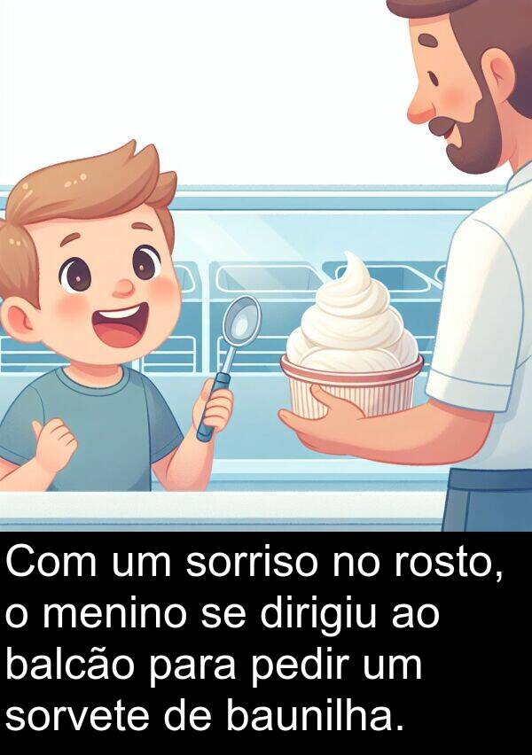 balcão: Com um sorriso no rosto, o menino se dirigiu ao balcão para pedir um sorvete de baunilha.