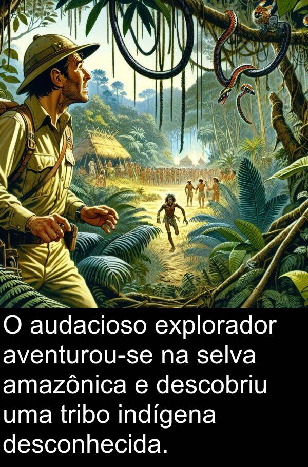 selva: O audacioso explorador aventurou-se na selva amazônica e descobriu uma tribo indígena desconhecida.