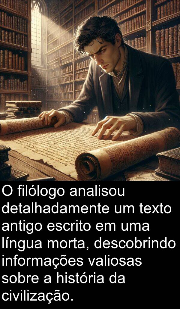 valiosas: O filólogo analisou detalhadamente um texto antigo escrito em uma língua morta, descobrindo informações valiosas sobre a história da civilização.