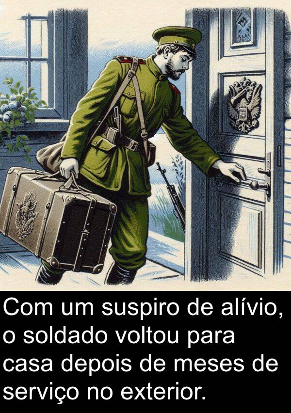 meses: Com um suspiro de alívio, o soldado voltou para casa depois de meses de serviço no exterior.