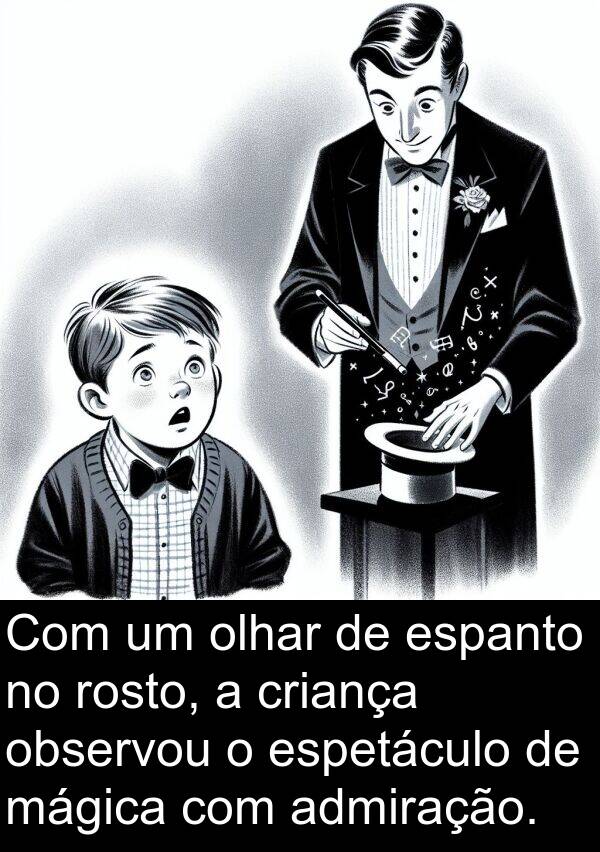 mágica: Com um olhar de espanto no rosto, a criança observou o espetáculo de mágica com admiração.