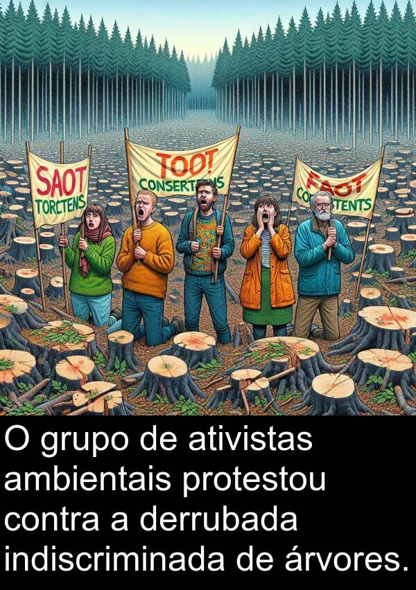 protestou: O grupo de ativistas ambientais protestou contra a derrubada indiscriminada de árvores.