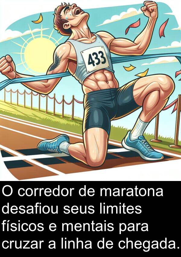 maratona: O corredor de maratona desafiou seus limites físicos e mentais para cruzar a linha de chegada.