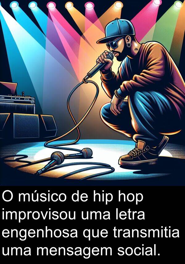 letra: O músico de hip hop improvisou uma letra engenhosa que transmitia uma mensagem social.