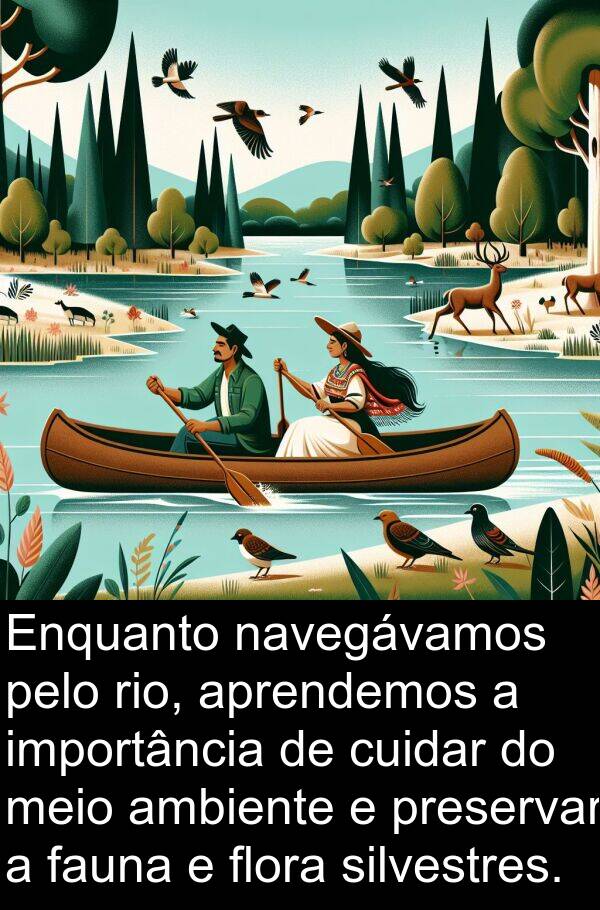 navegávamos: Enquanto navegávamos pelo rio, aprendemos a importância de cuidar do meio ambiente e preservar a fauna e flora silvestres.