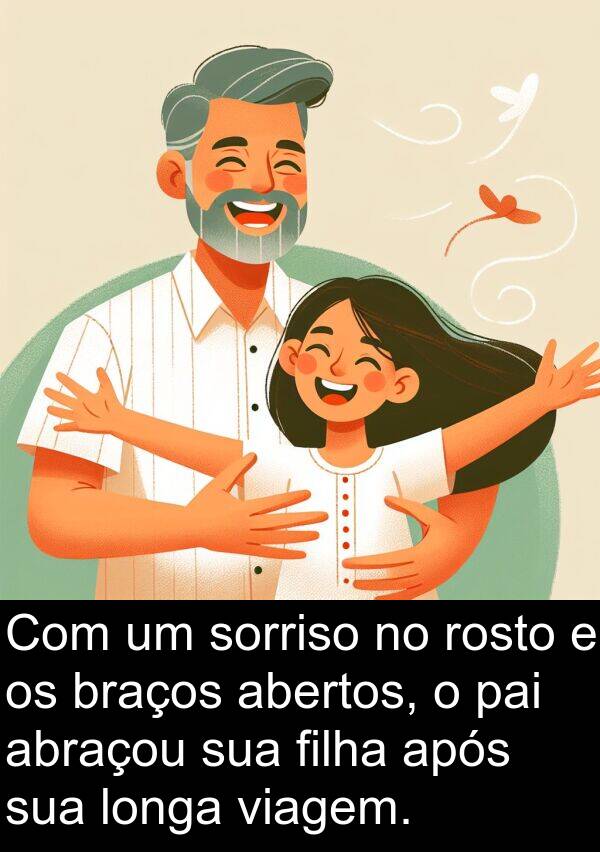 abertos: Com um sorriso no rosto e os braços abertos, o pai abraçou sua filha após sua longa viagem.