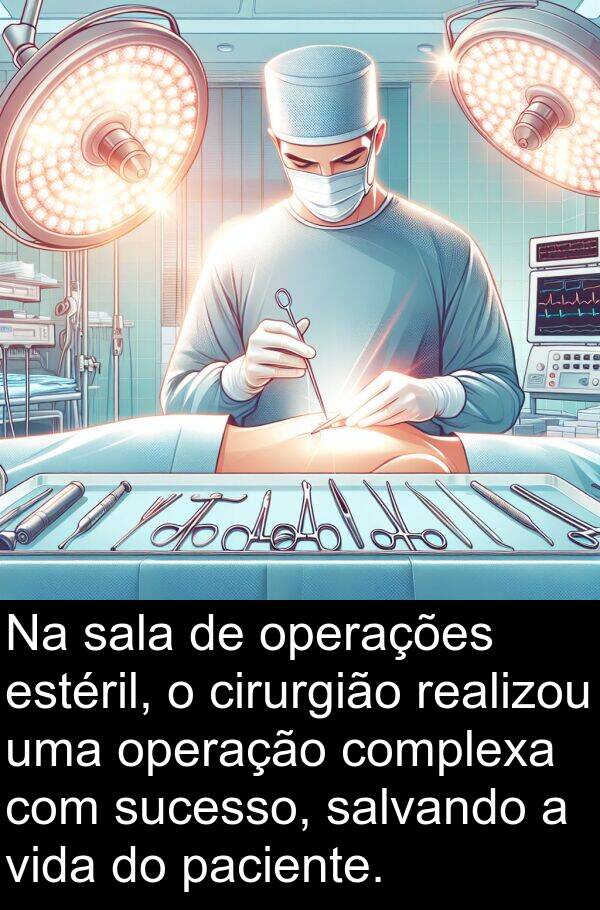 paciente: Na sala de operações estéril, o cirurgião realizou uma operação complexa com sucesso, salvando a vida do paciente.