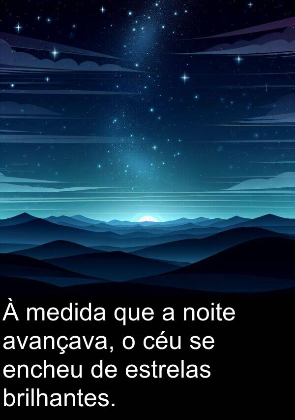 noite: À medida que a noite avançava, o céu se encheu de estrelas brilhantes.