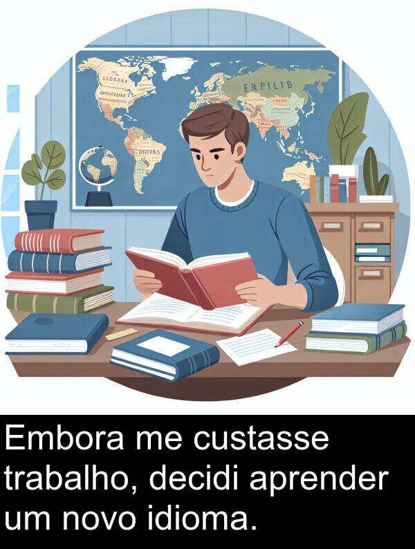 idioma: Embora me custasse trabalho, decidi aprender um novo idioma.