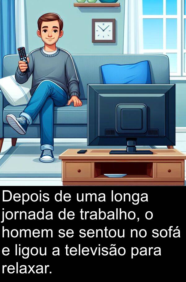 homem: Depois de uma longa jornada de trabalho, o homem se sentou no sofá e ligou a televisão para relaxar.