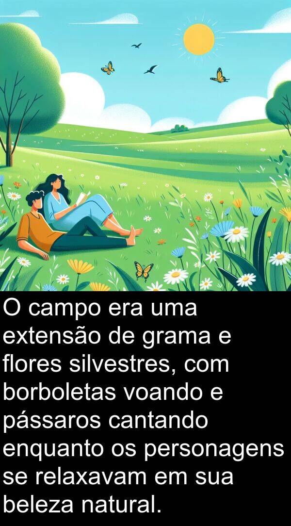 cantando: O campo era uma extensão de grama e flores silvestres, com borboletas voando e pássaros cantando enquanto os personagens se relaxavam em sua beleza natural.