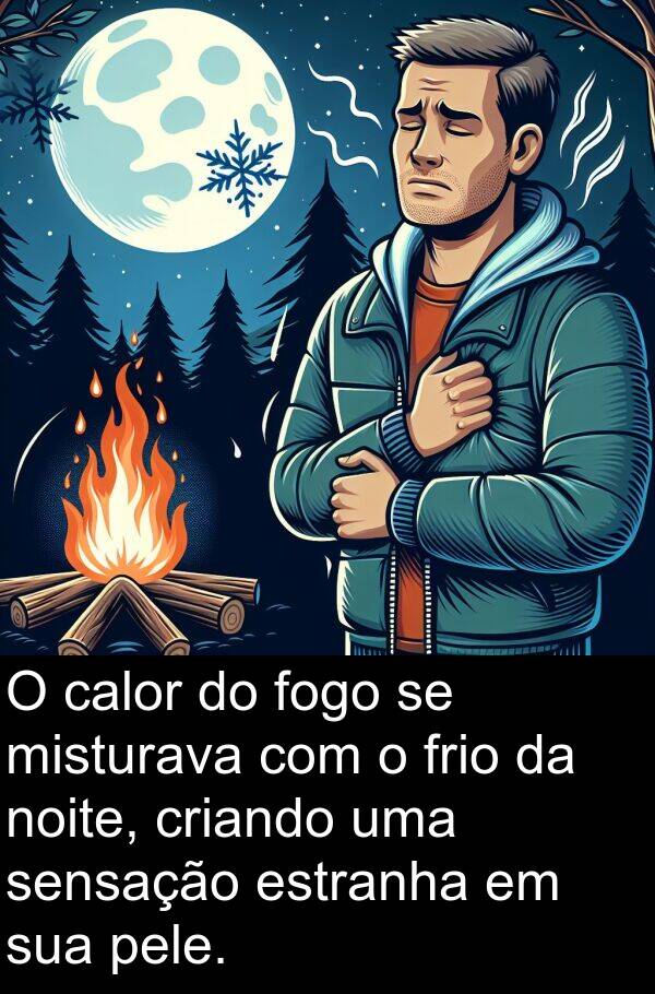 calor: O calor do fogo se misturava com o frio da noite, criando uma sensação estranha em sua pele.