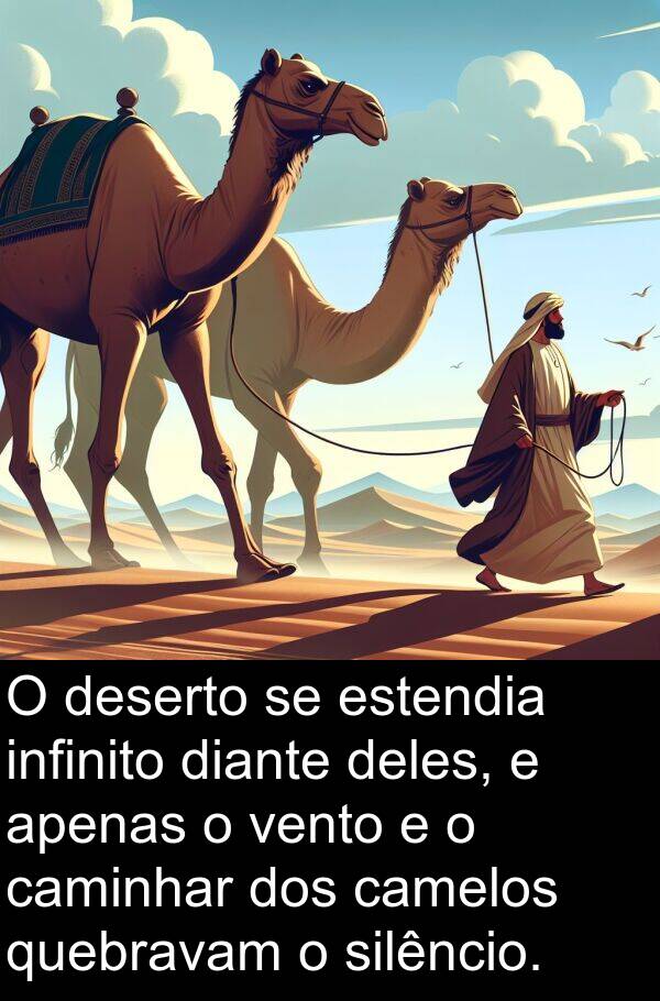 vento: O deserto se estendia infinito diante deles, e apenas o vento e o caminhar dos camelos quebravam o silêncio.