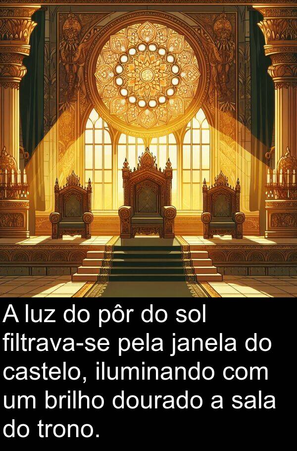 sala: A luz do pôr do sol filtrava-se pela janela do castelo, iluminando com um brilho dourado a sala do trono.