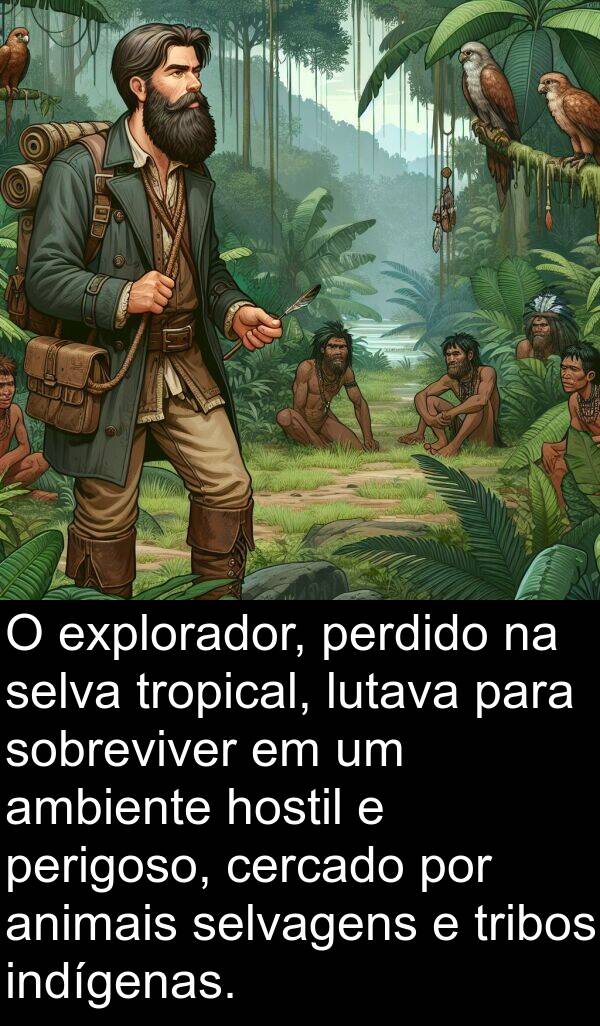 selvagens: O explorador, perdido na selva tropical, lutava para sobreviver em um ambiente hostil e perigoso, cercado por animais selvagens e tribos indígenas.