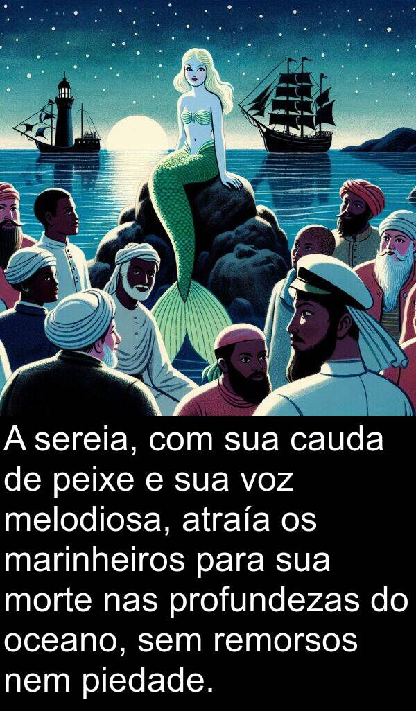 nem: A sereia, com sua cauda de peixe e sua voz melodiosa, atraía os marinheiros para sua morte nas profundezas do oceano, sem remorsos nem piedade.