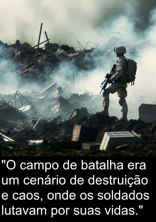 vidas: "O campo de batalha era um cenário de destruição e caos, onde os soldados lutavam por suas vidas."