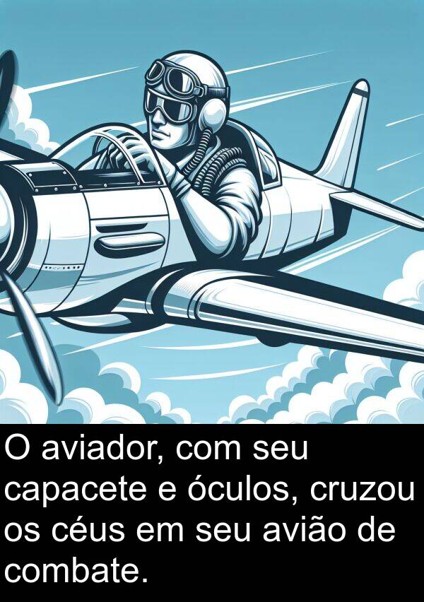 óculos: O aviador, com seu capacete e óculos, cruzou os céus em seu avião de combate.