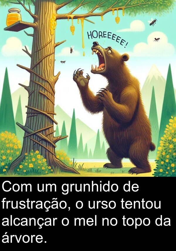 urso: Com um grunhido de frustração, o urso tentou alcançar o mel no topo da árvore.