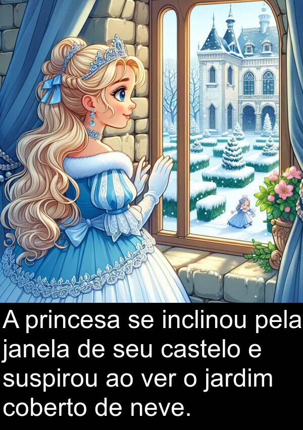 neve: A princesa se inclinou pela janela de seu castelo e suspirou ao ver o jardim coberto de neve.