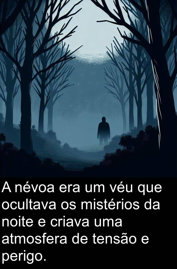 véu: A névoa era um véu que ocultava os mistérios da noite e criava uma atmosfera de tensão e perigo.