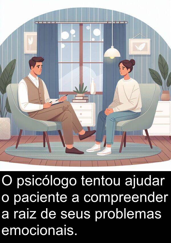 paciente: O psicólogo tentou ajudar o paciente a compreender a raiz de seus problemas emocionais.